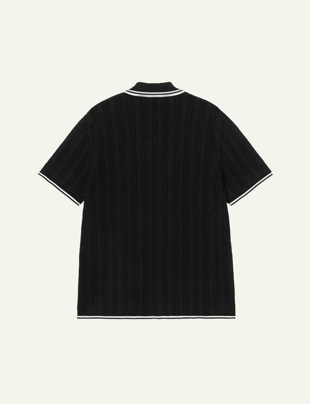 Carhartt short sleeve knit shirt in black with striped collar back flat view