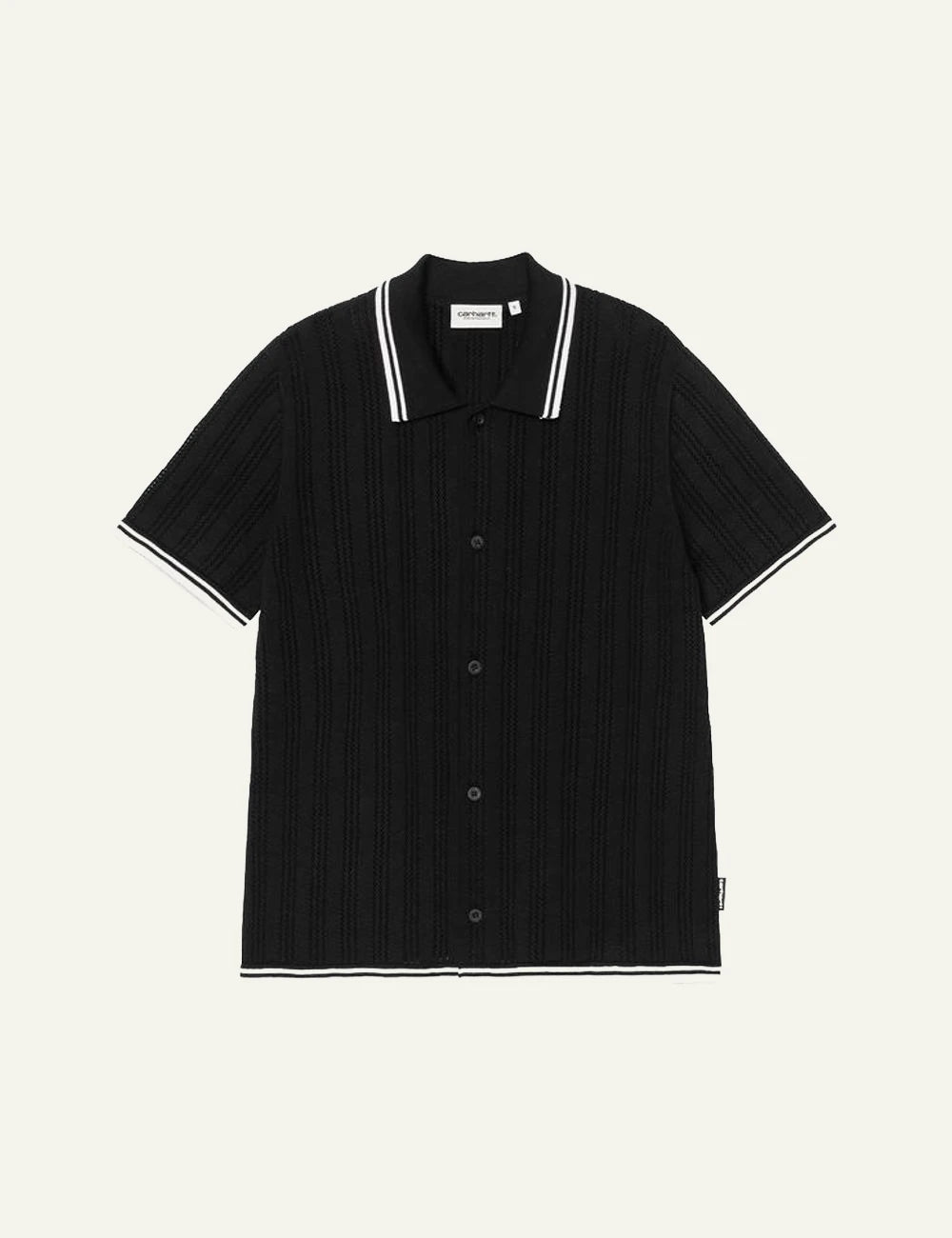 Carhartt short sleeve knit shirt in black with striped collar front flat view
