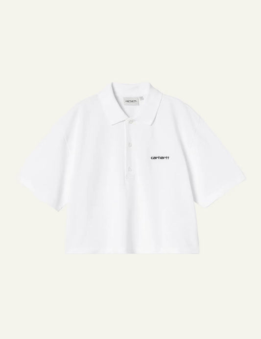 Carhartt short sleeve polo shirt in white with logo front flat view