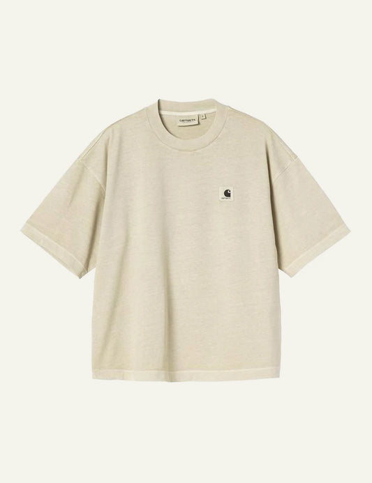 Carhartt short sleeve t-shirt in beige with chest logo front flat view