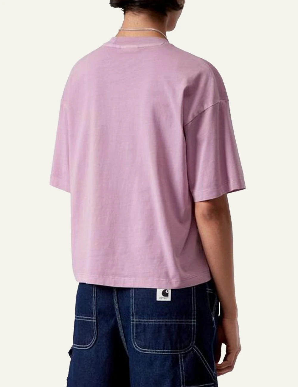 Carhartt short sleeve t-shirt in pink with chest logo back model view