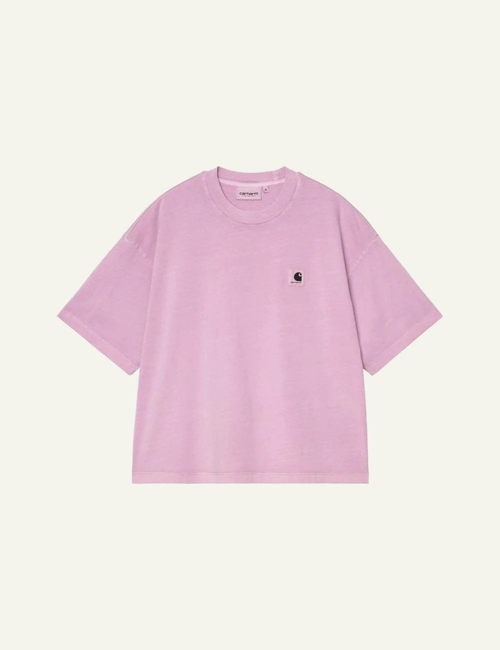 Carhartt short sleeve t-shirt in pink with chest logo front flat view