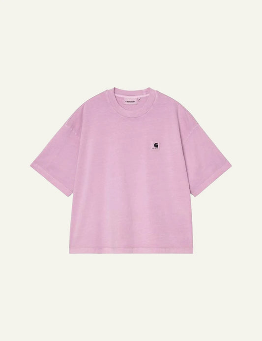 Carhartt short sleeve t-shirt in pink with chest logo front flat view