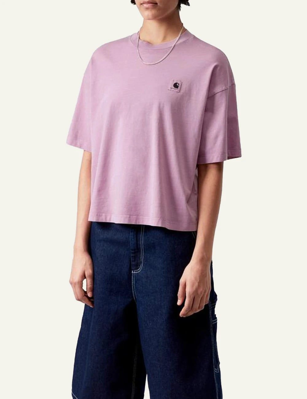 Carhartt short sleeve t-shirt in pink with chest logo front model view