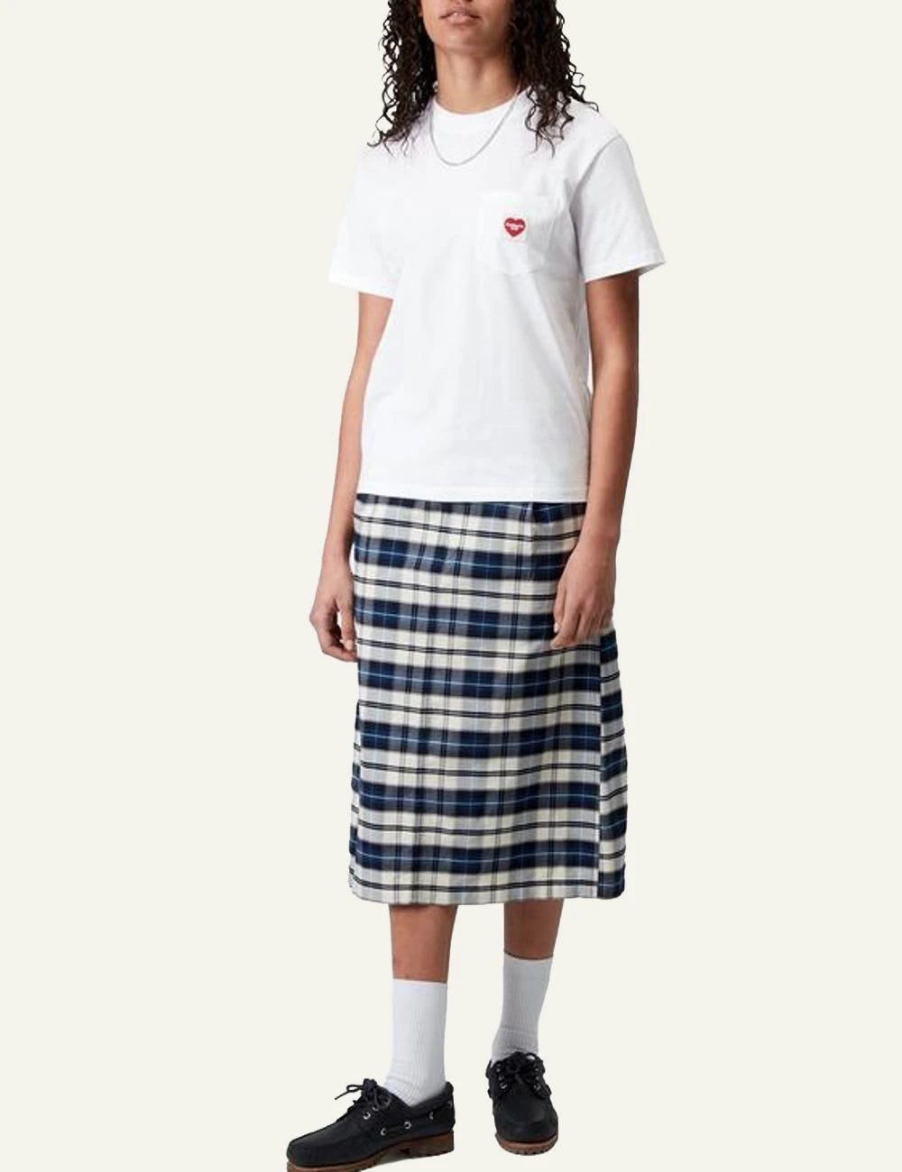 Carhartt short sleeve t-shirt in white with chest pocket full model view