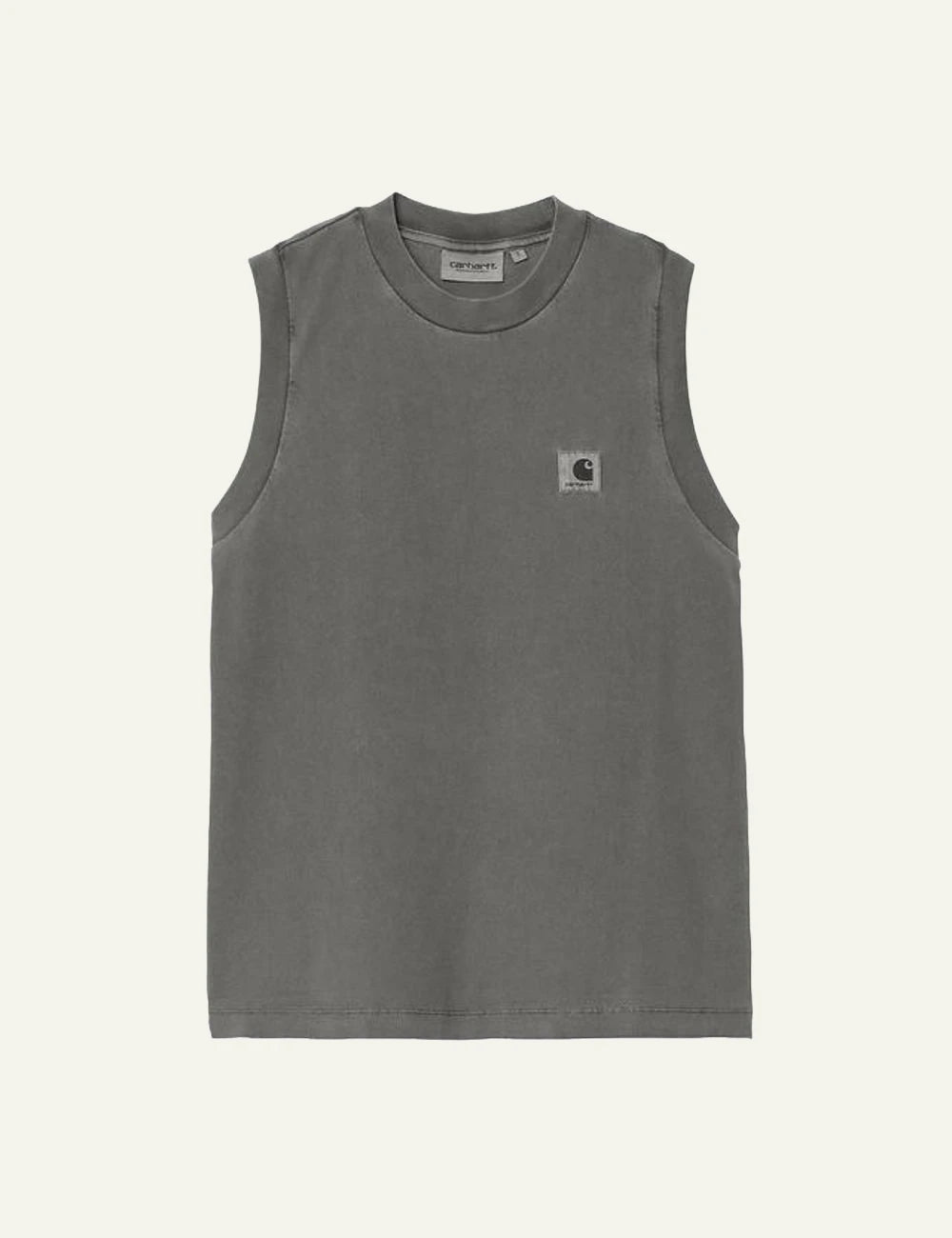 Carhartt sleeveless t-shirt in washed grey with chest logo front flat view