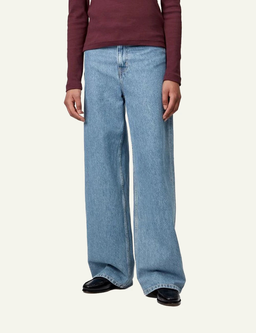 Carhartt wide leg jeans in light blue denim front model view