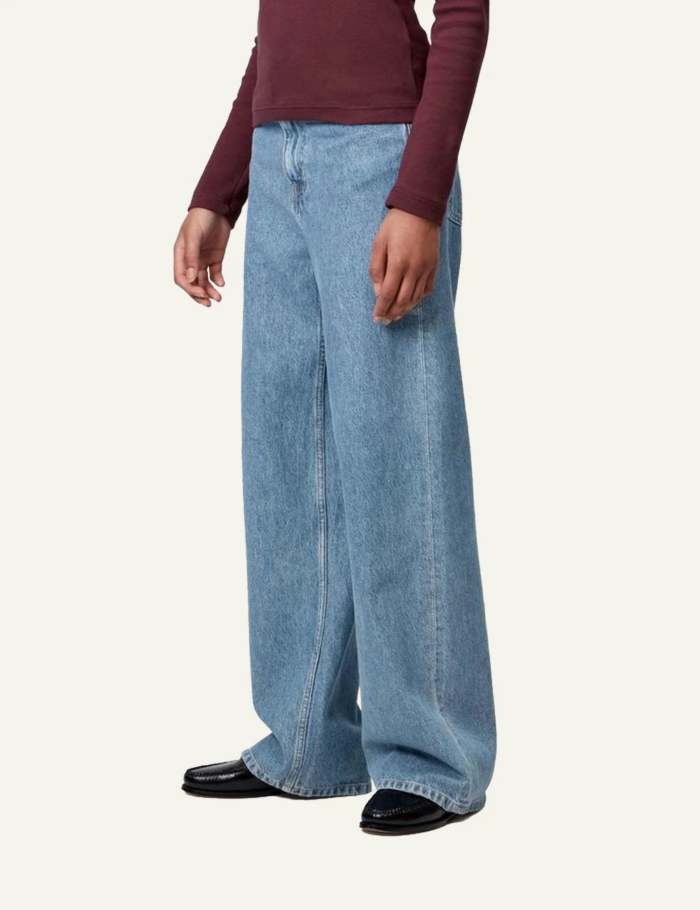 Carhartt wide leg jeans in light blue denim side model view