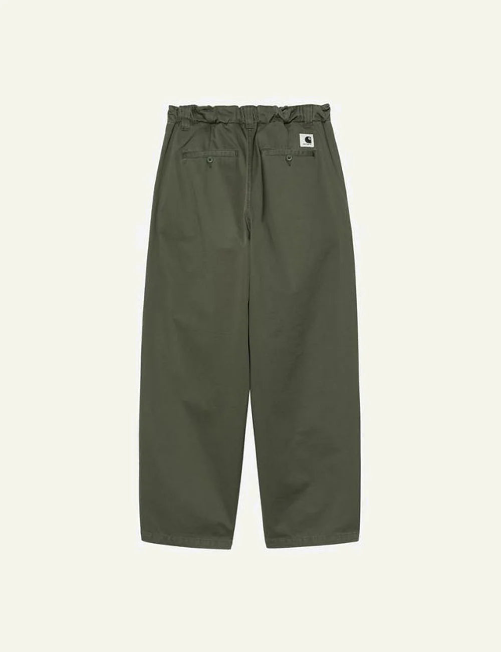 Carhartt wide leg trousers in olive green with elastic waistband back flat view