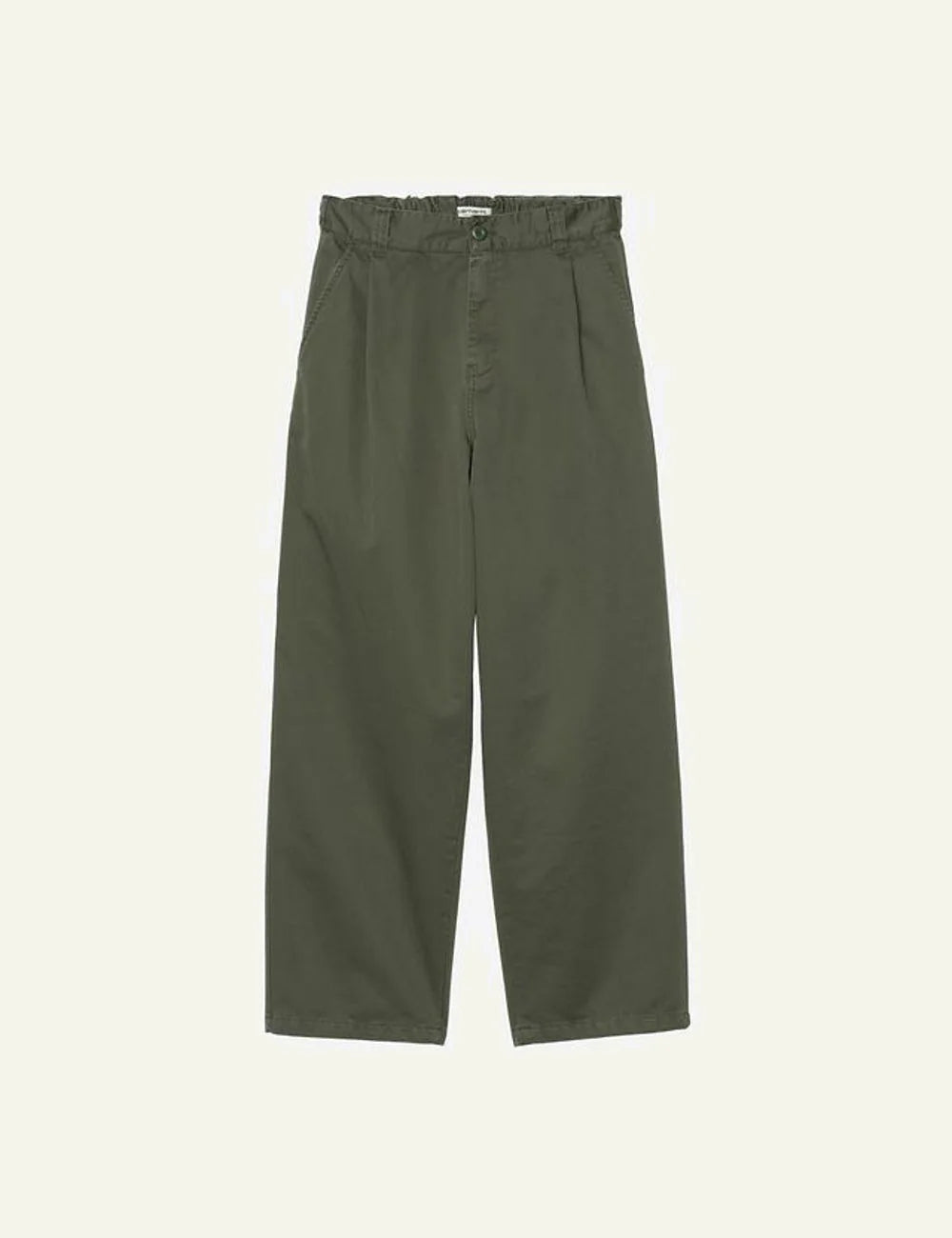 Carhartt wide leg trousers in olive green with elastic waistband front flat view