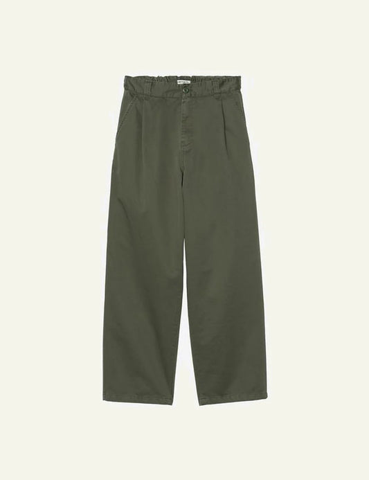 Carhartt wide leg trousers in olive green with elastic waistband front flat view