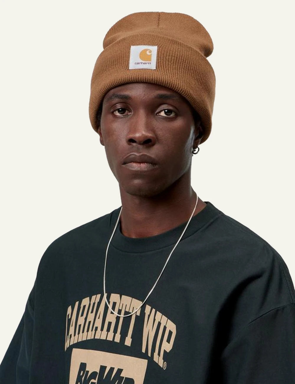 Carhartt WIP acrylic watch beanie in brown with logo patch model