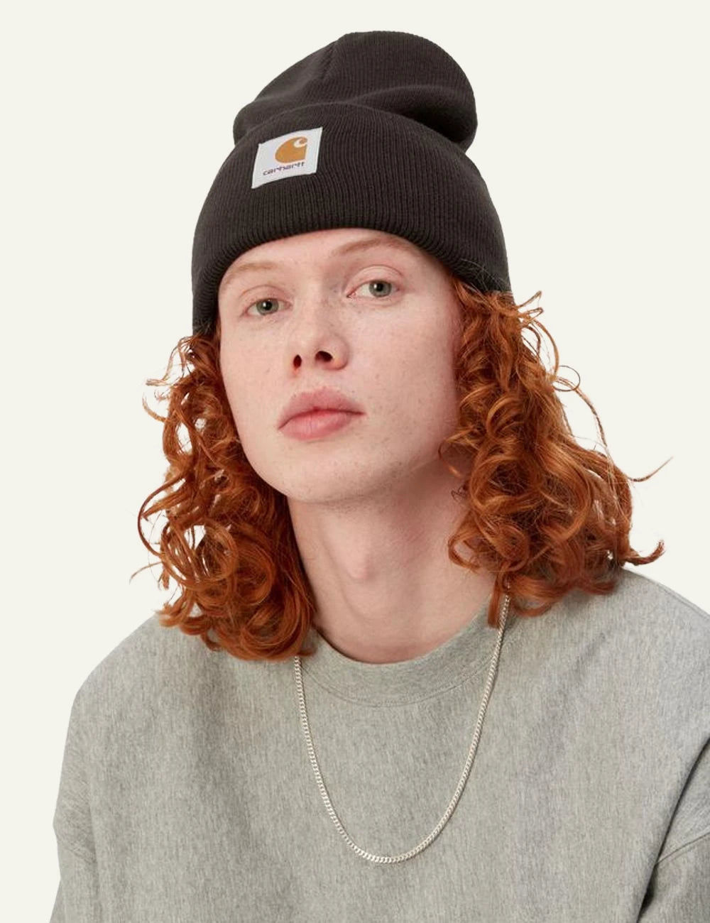 Carhartt WIP acrylic watch beanie in dark brown with logo patch model