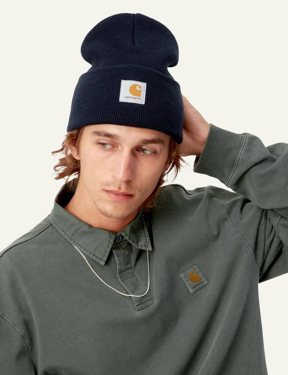 Carhartt WIP acrylic watch beanie in navy with logo patch model