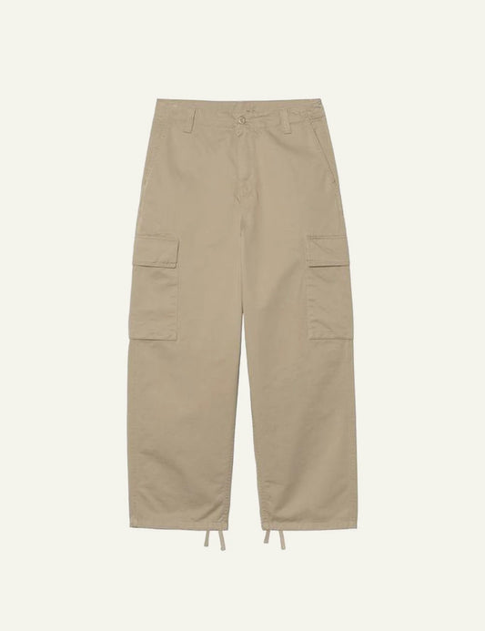 Carhartt WIP beige cargo pants wide leg with side pockets front flat view
