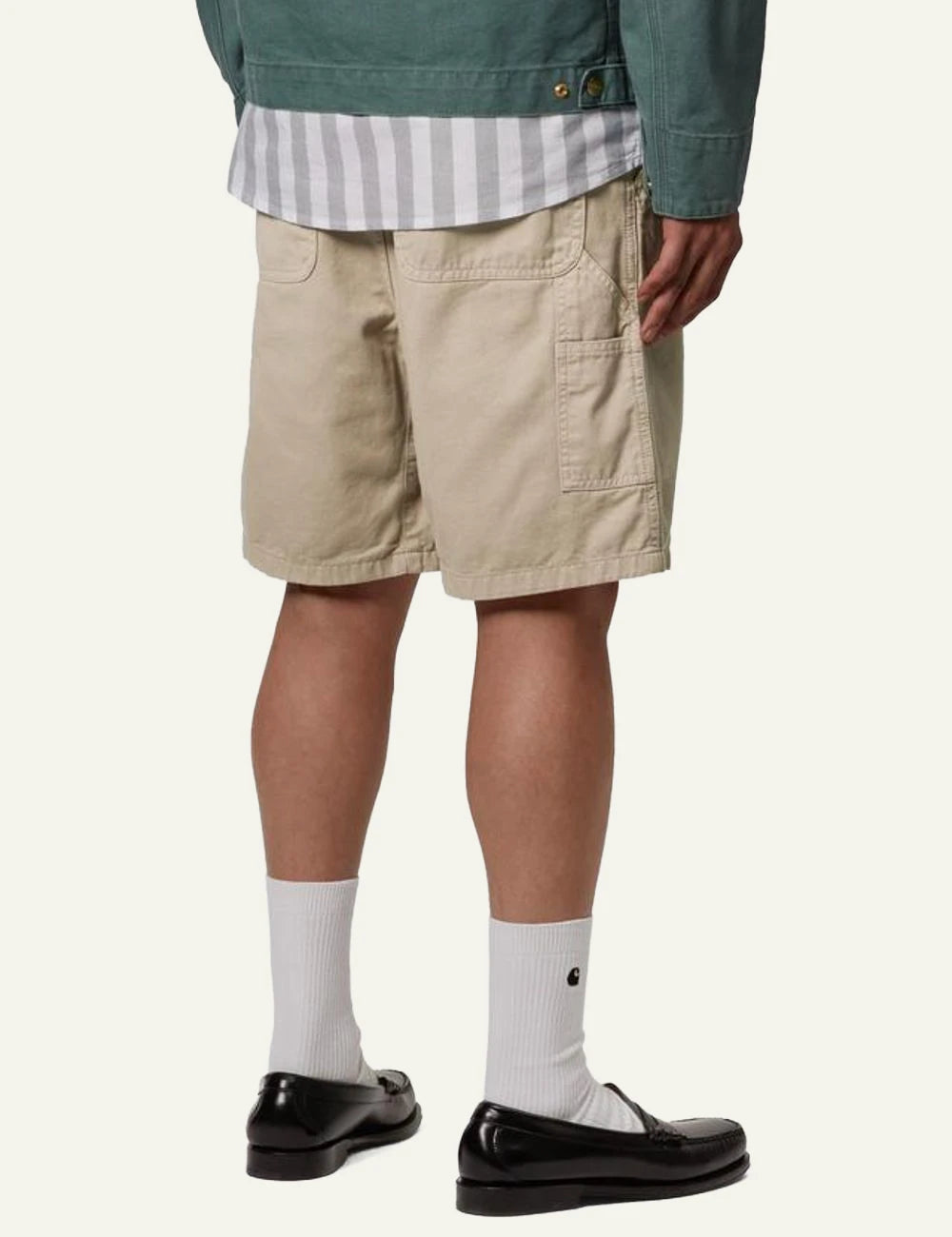 Carhartt WIP beige cotton shorts with elastic waistband back model view