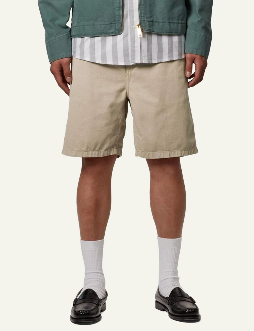 Carhartt WIP beige cotton shorts with elastic waistband front model view