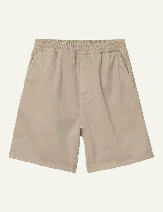 Carhartt WIP beige cotton shorts with elastic waistband front flat view