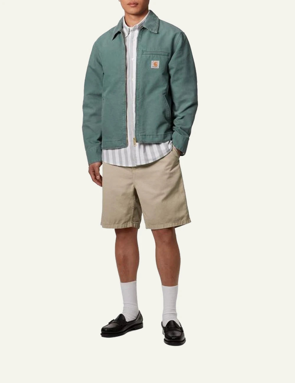 Carhartt WIP beige cotton shorts with elastic waistband full body view