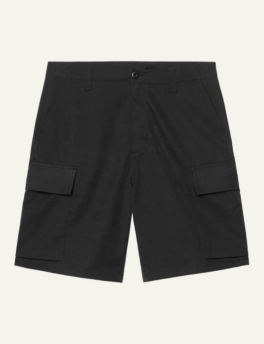 Carhartt WIP black cargo shorts with side pockets and logo patch front flat view