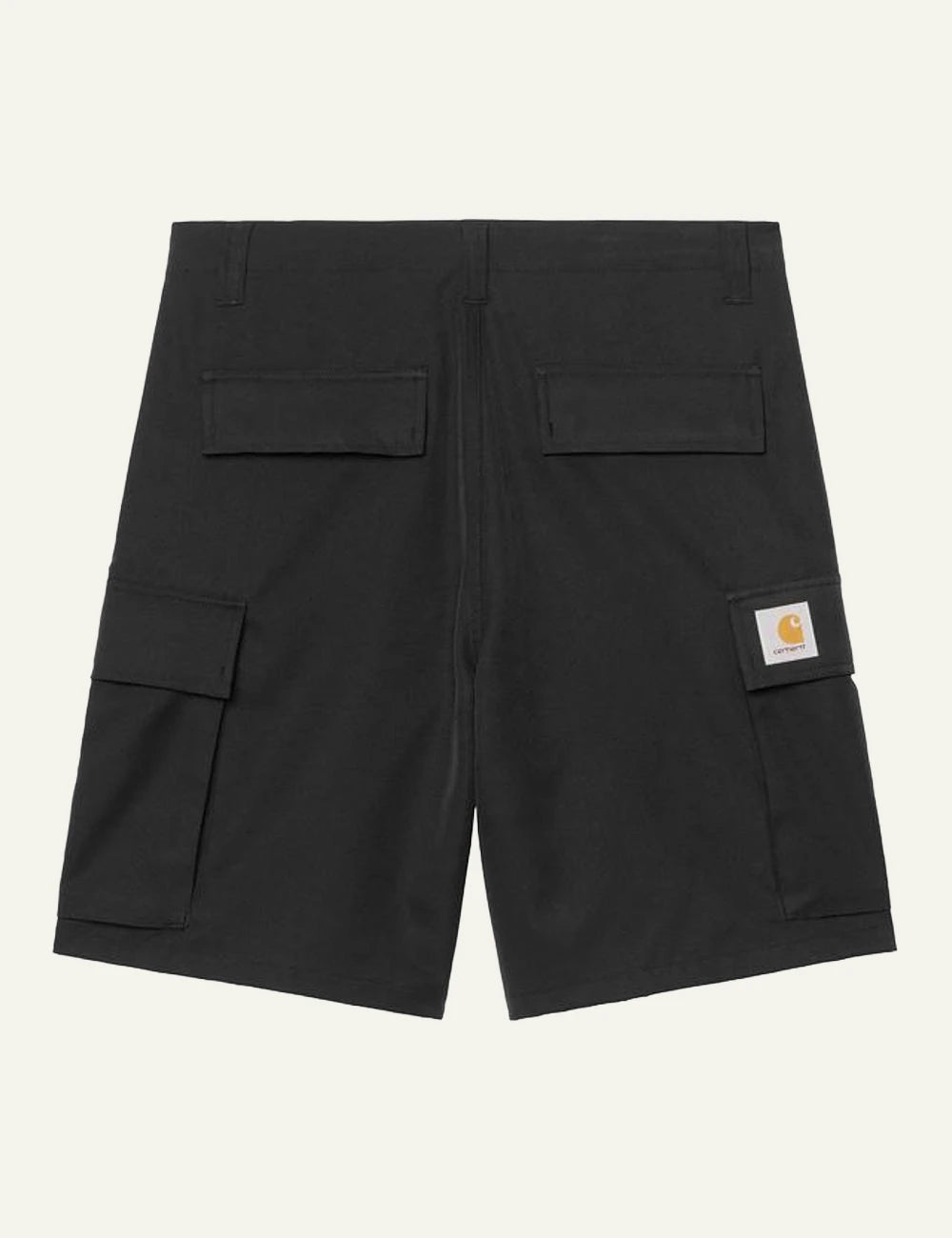 Carhartt WIP black cargo shorts with side pockets and logo patch back flat view