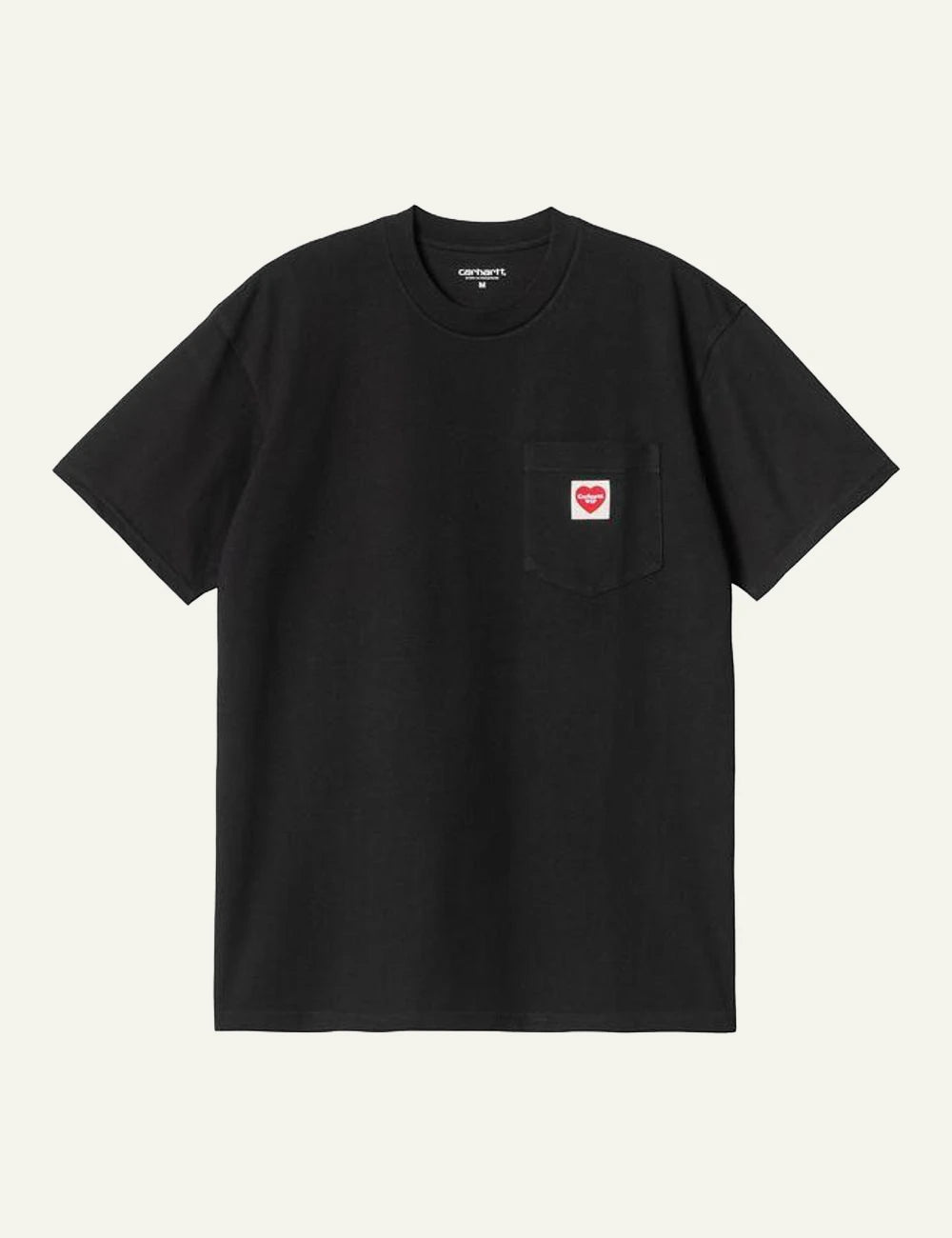 Carhartt WIP black t-shirt with chest pocket and red heart logo front flat view