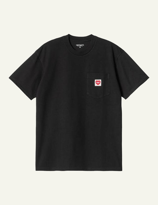Carhartt WIP black t-shirt with chest pocket and red heart logo front flat view