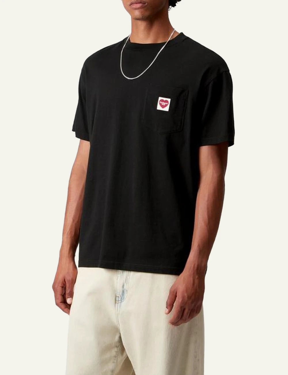 Carhartt WIP black t-shirt with chest pocket and red heart logo front model view