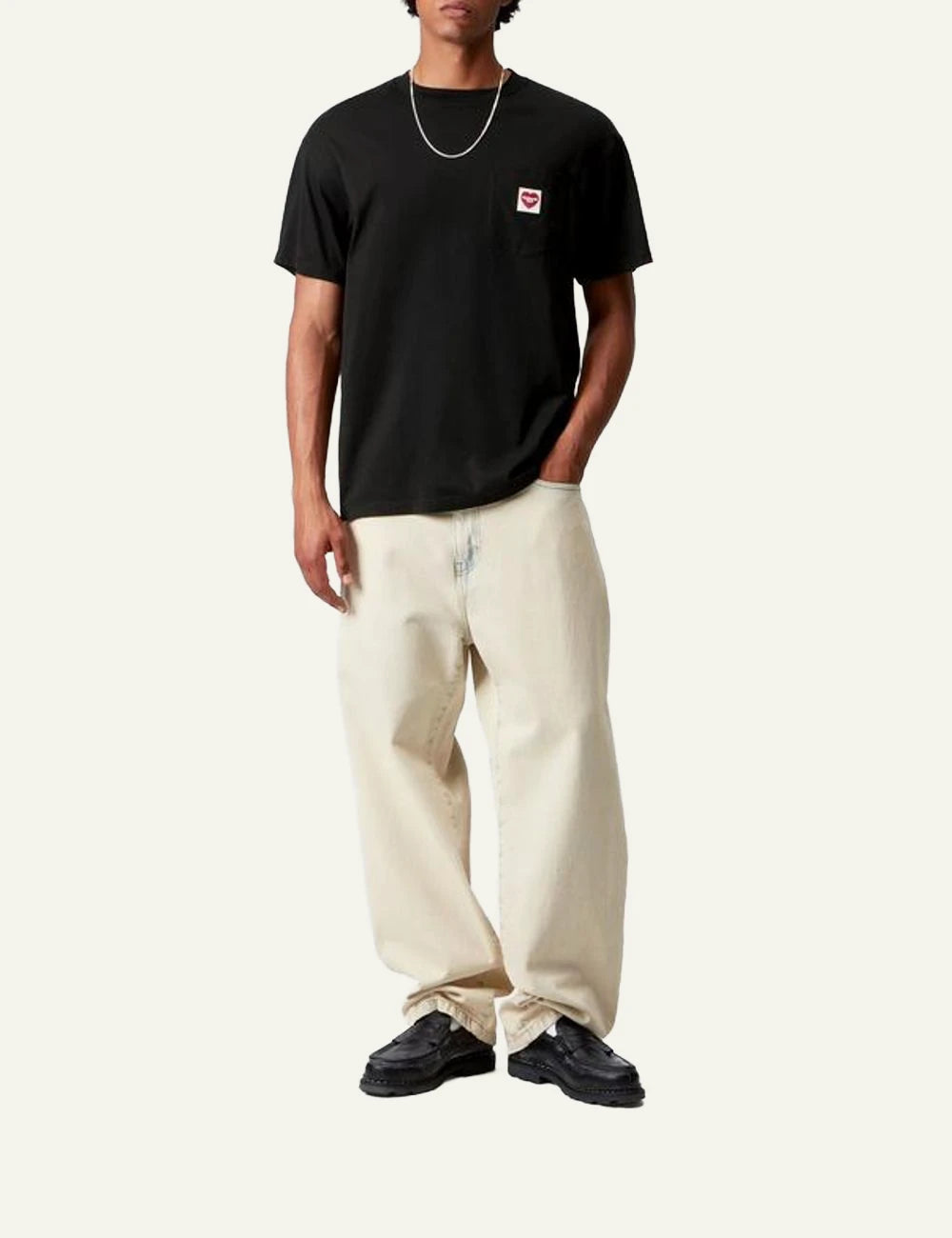 Carhartt WIP black t-shirt with chest pocket and red heart logo full body view