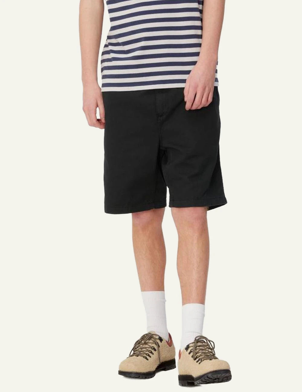 Carhartt WIP black cotton shorts with elastic waistband front model view