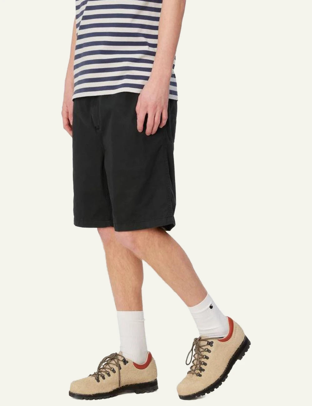 Carhartt WIP black cotton shorts with elastic waistband side model view