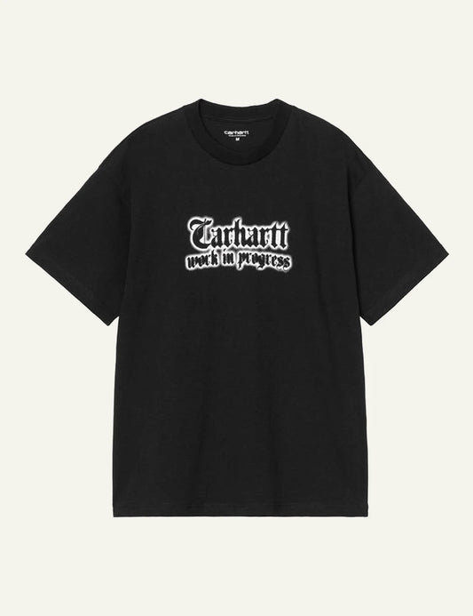 Carhartt WIP black t-shirt with gothic logo print on chest front flat view