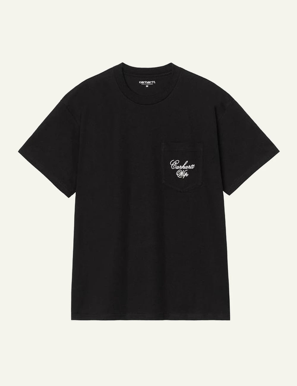 Carhartt WIP black t-shirt with script logo pocket on chest front flat view