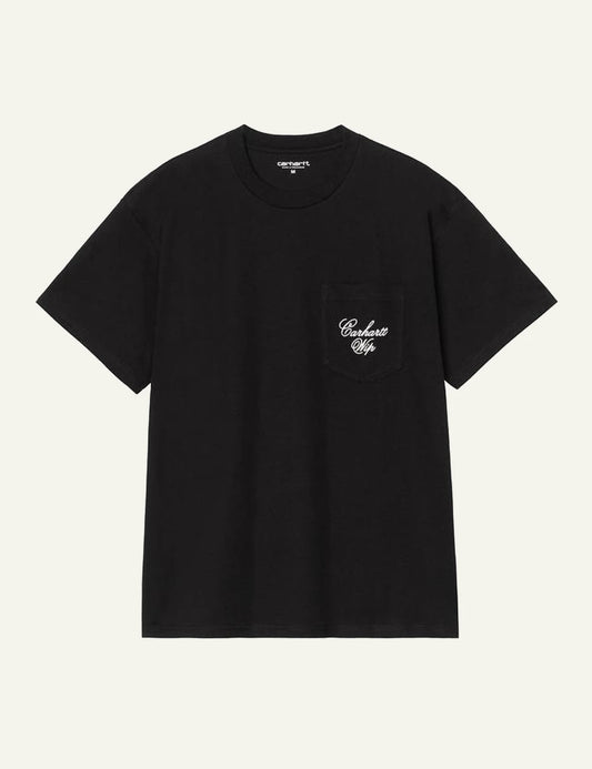 Carhartt WIP black t-shirt with script logo pocket on chest front flat view
