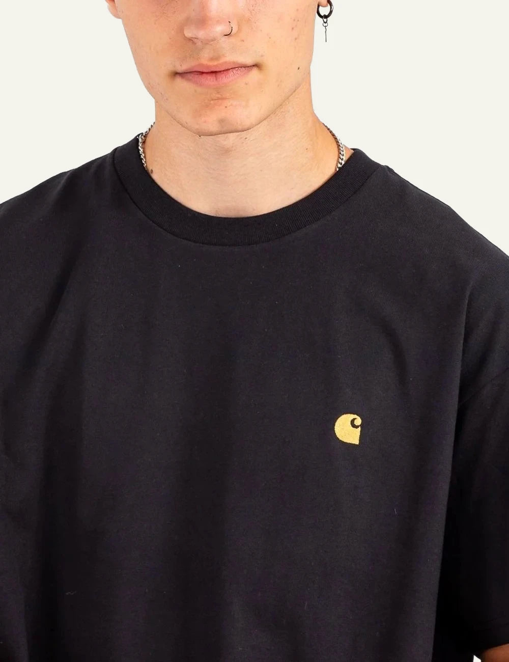 Carhartt WIP Chase black t-shirt gold chest logo front detail view