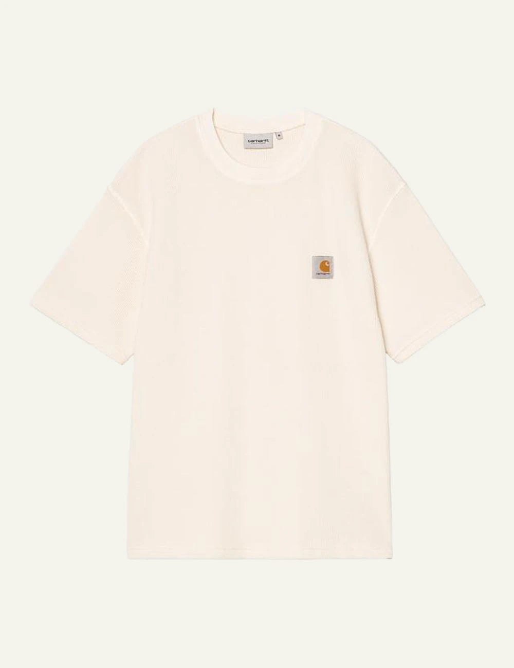 Carhartt WIP cream textured t-shirt with chest logo patch front flat view