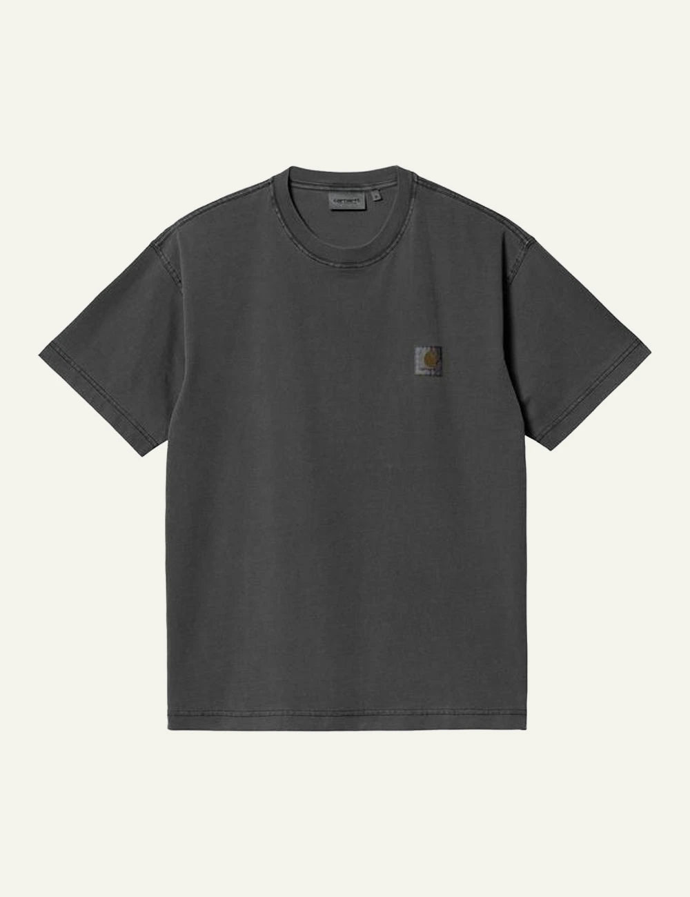 Carhartt WIP dark grey t-shirt with chest logo patch front flat view