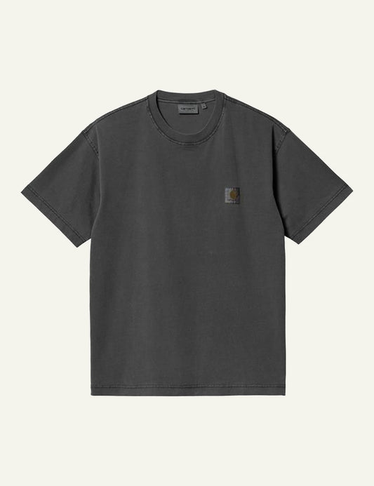 Carhartt WIP dark grey t-shirt with chest logo patch front flat view