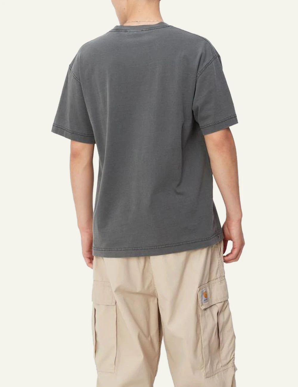 Carhartt WIP dark grey t-shirt with chest logo patch back model view