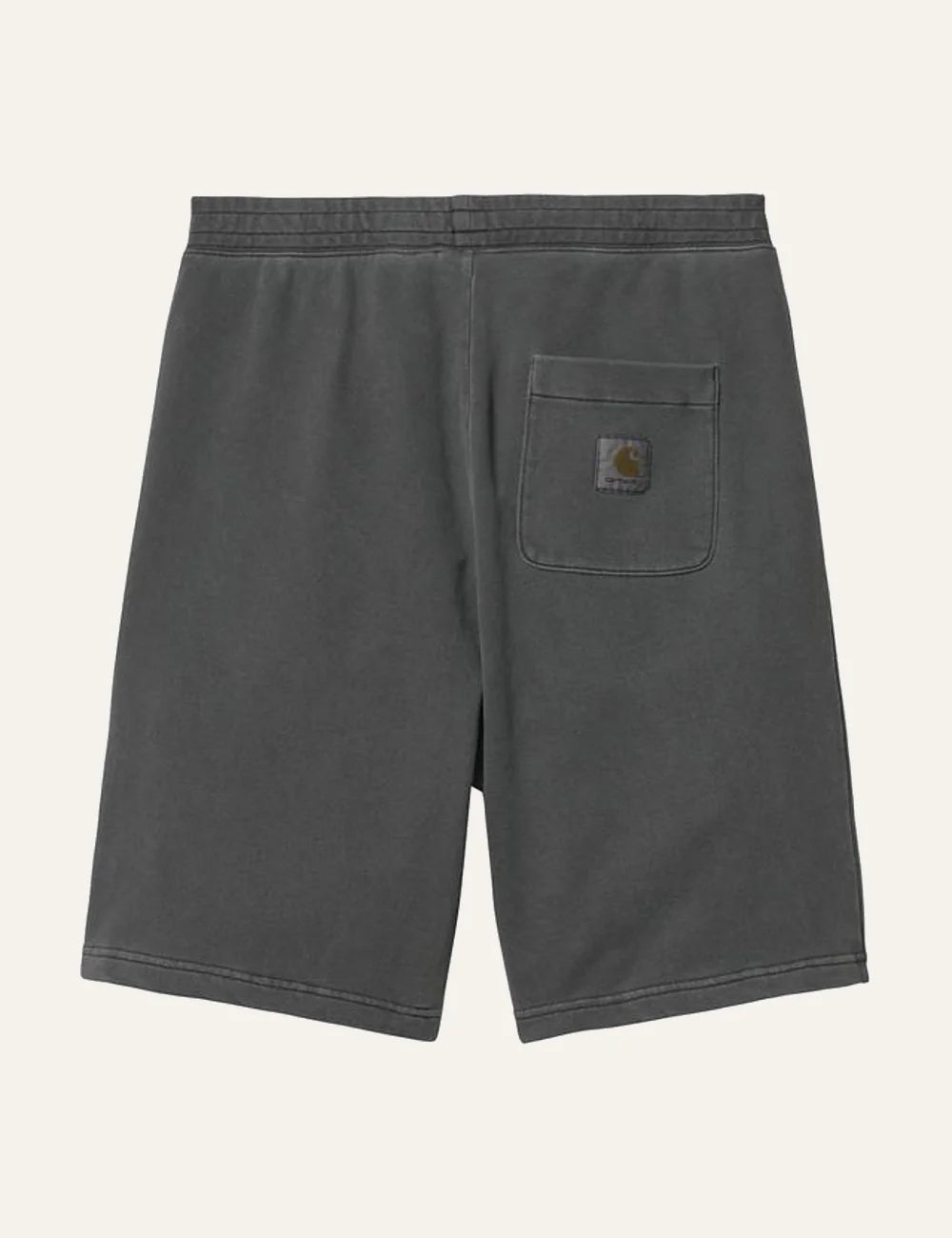 Carhartt WIP dark grey sweat shorts with elastic waistband and side pockets back flat view