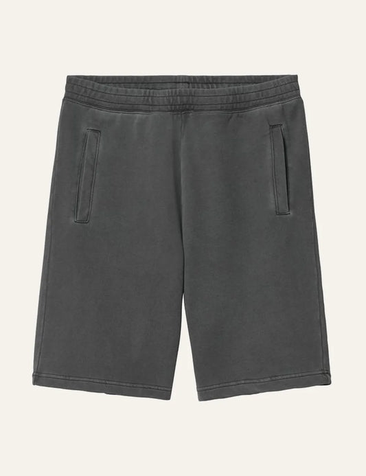 Carhartt WIP dark grey sweat shorts with elastic waistband and side pockets front flat view