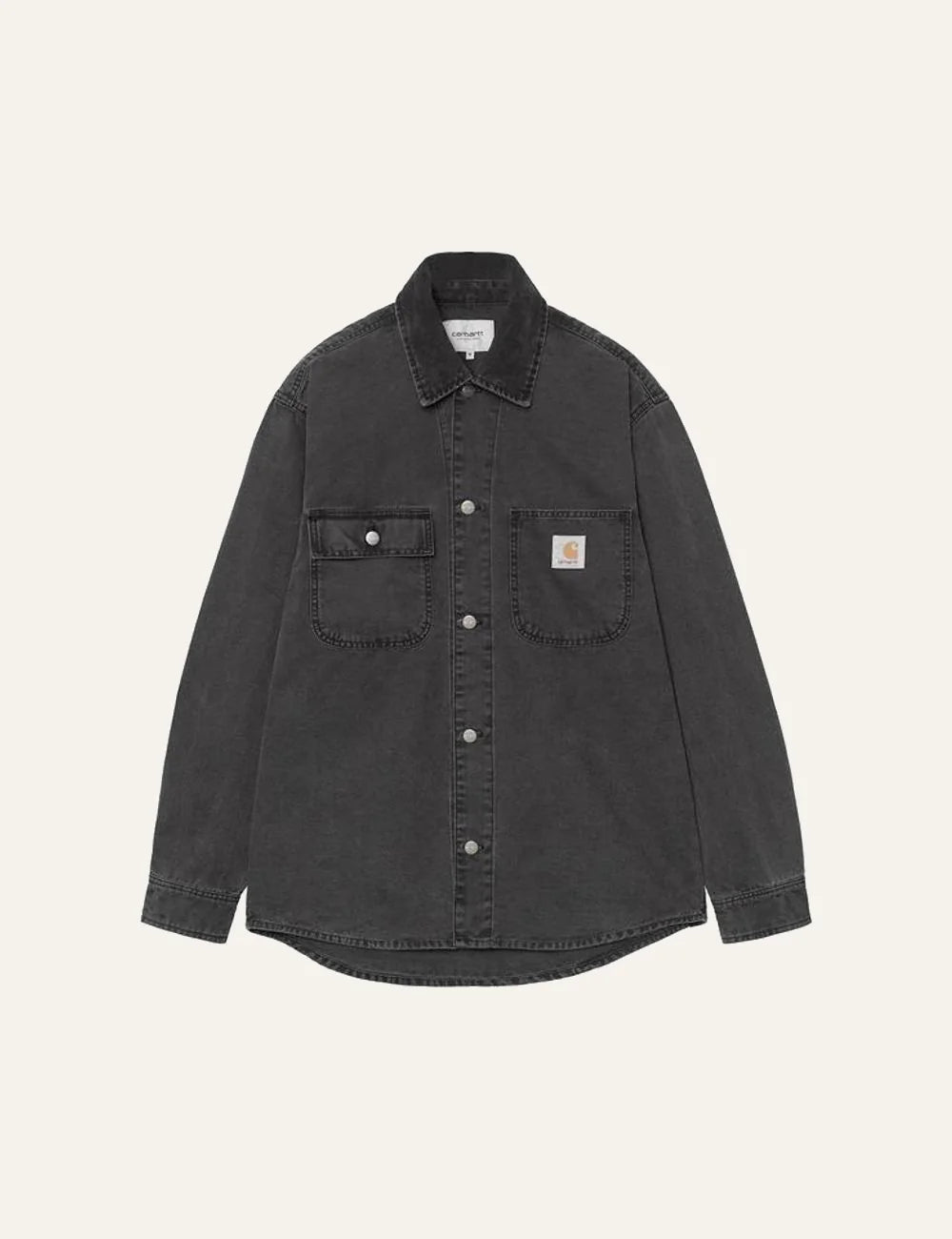 Carhartt WIP denim overshirt black chest pockets logo front view