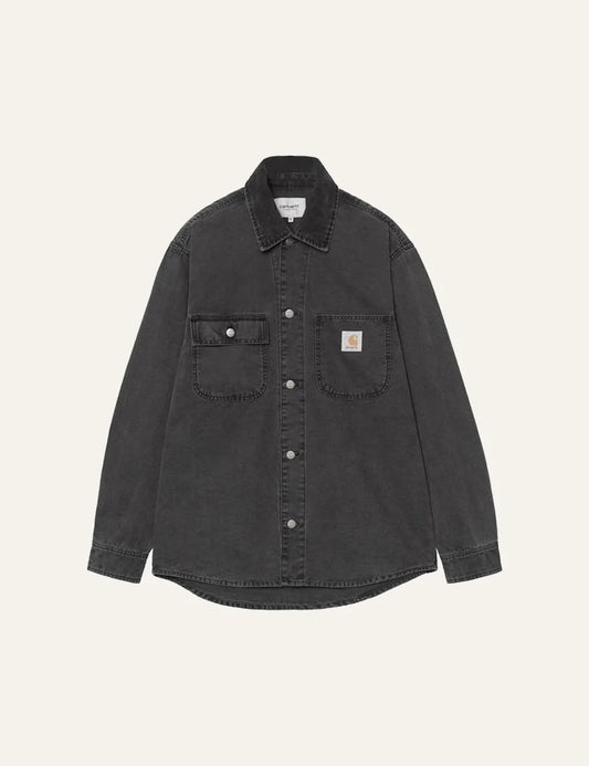 Carhartt WIP denim overshirt black chest pockets logo front view