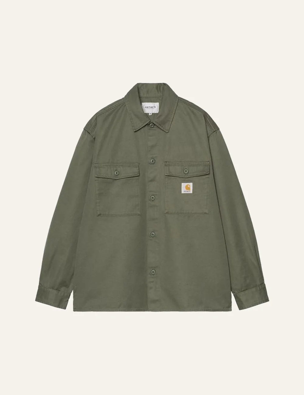 Carhartt WIP denim overshirt green chest pockets logo front view