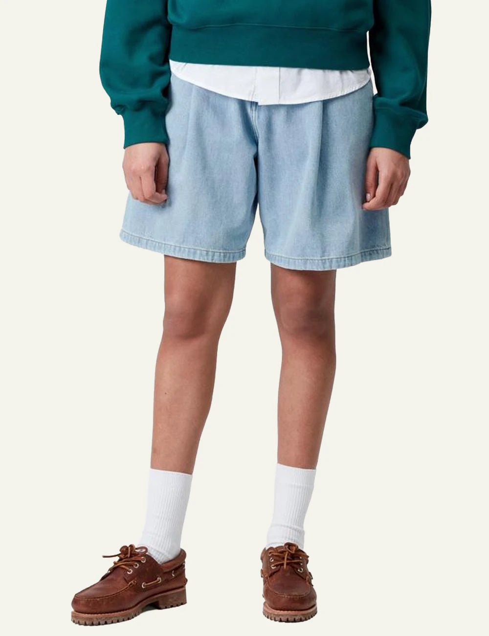 carhartt wip denim shorts light blue front model view