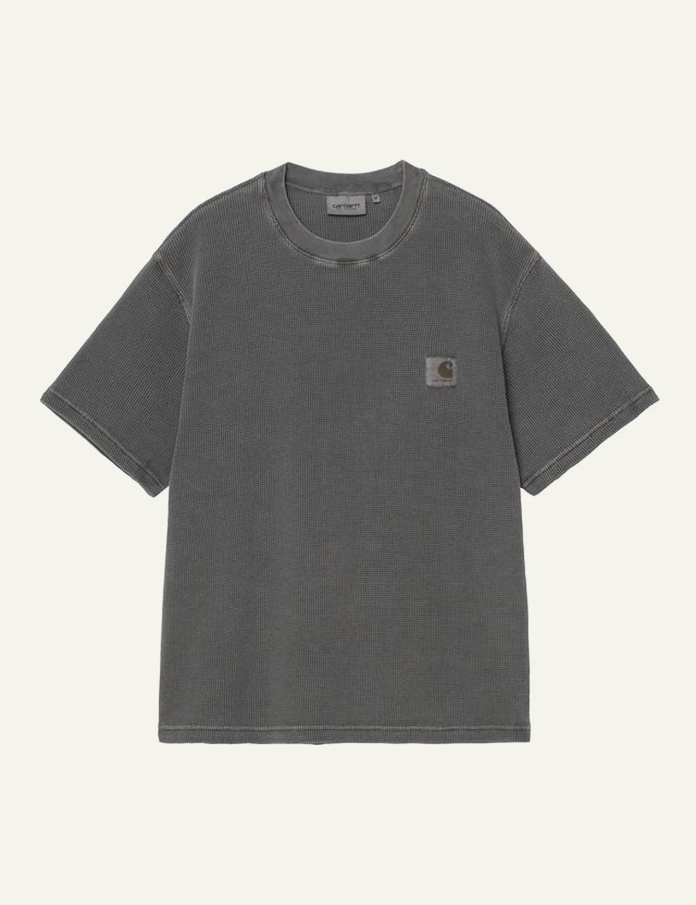Carhartt WIP grey textured t-shirt with chest logo patch front flat view