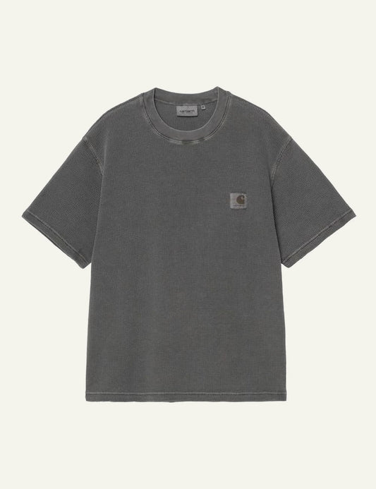 Carhartt WIP grey textured t-shirt with chest logo patch front flat view