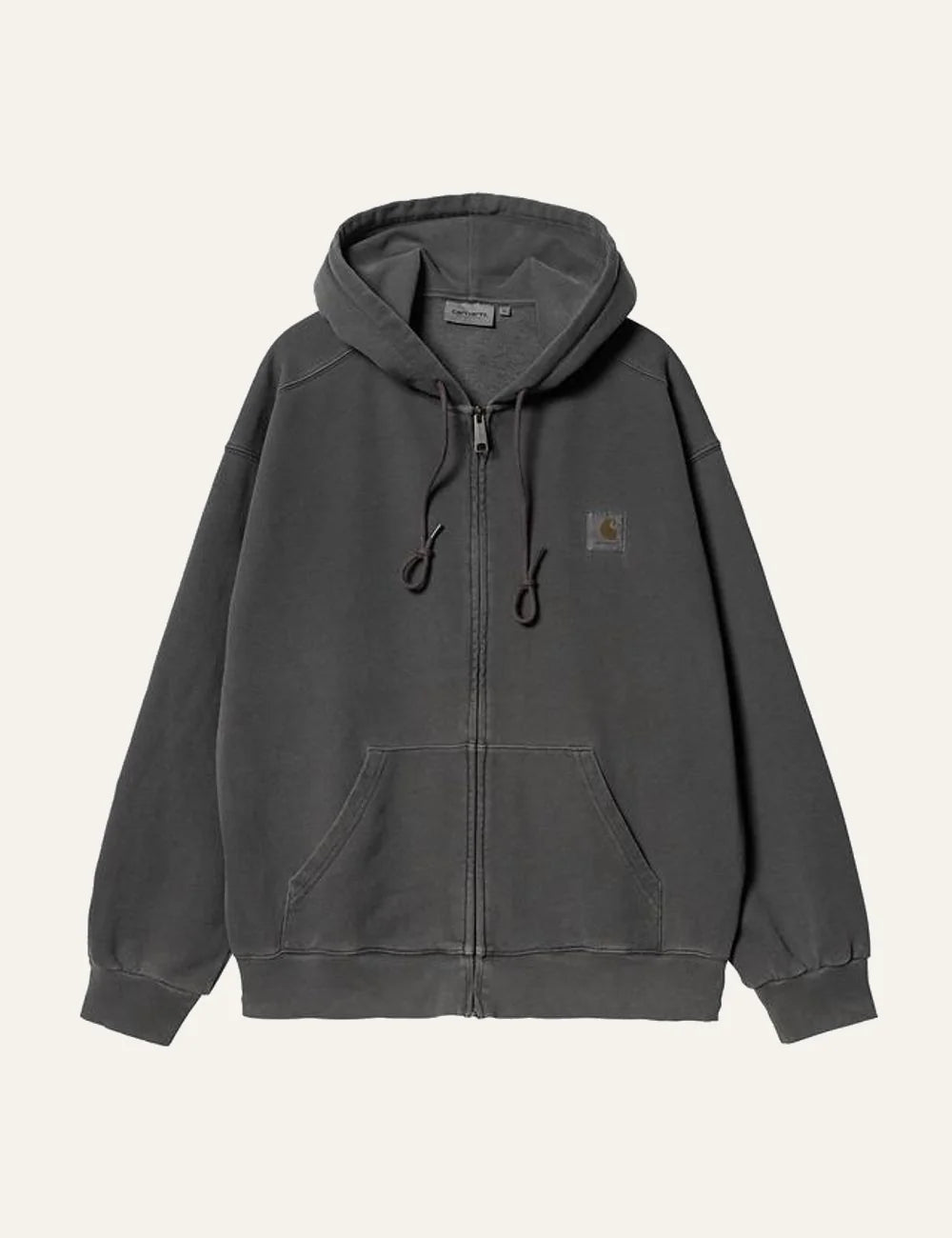 Carhartt WIP grey zip hoodie with logo patch and kangaroo pocket front flat view