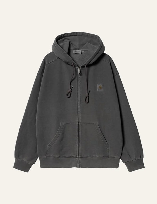 Carhartt WIP grey zip hoodie with logo patch and kangaroo pocket front flat view