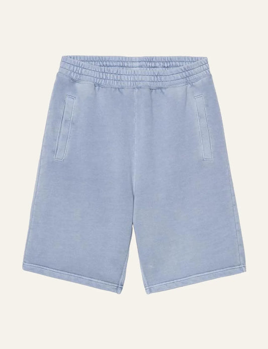 Carhartt WIP light blue sweat shorts with elastic waistband and side pockets front flat view